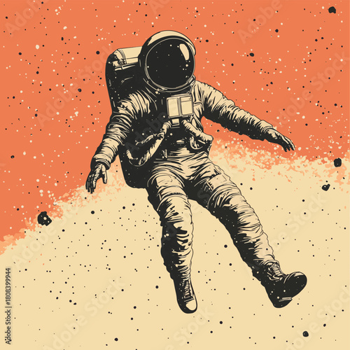 Flying astronaut. Cosmonaut abstract retro poster. Lonely man in space  , vector style simple color