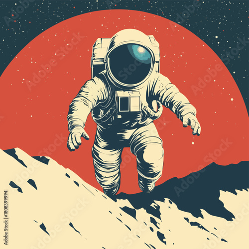 Flying astronaut. Cosmonaut abstract retro poster. Lonely man in space  , vector style simple color