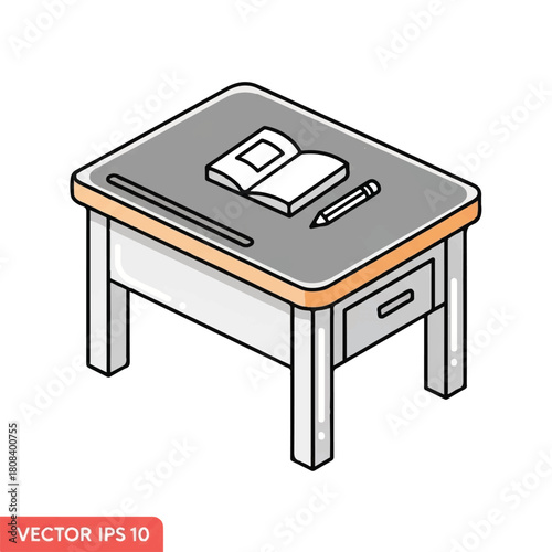 Isometric school desk with book and pencil for education and learning in the classroom