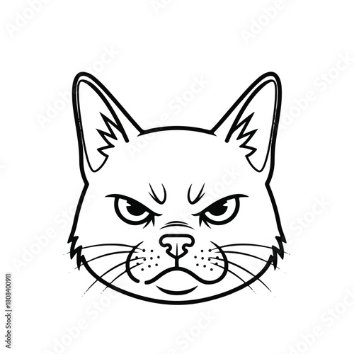 Monochrome line art of an angry cat head, depicting a displeased and upset feline with an intense, furrowed brow expression, perfect for conveying a grumpy or moody vibe