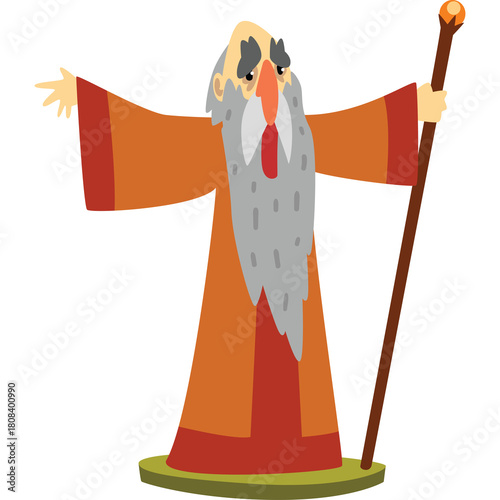 Pixelated Old Wizard Character with Long Gray Beard Orange Robe and Staff on Small Green Platform White Background Isolated
