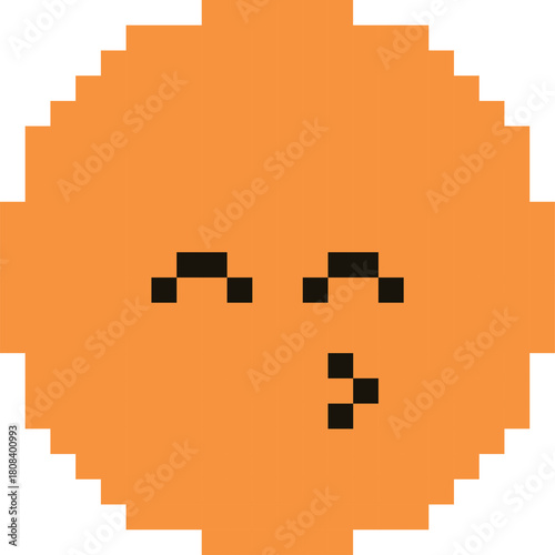 Pixelated orange circle with closed eyes and puckered lips in a playful expression against a transparent background