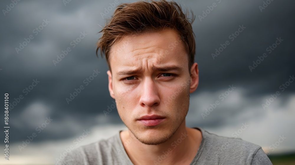 Fototapeta premium A young man s pensive face under a dramatic stormy sky
