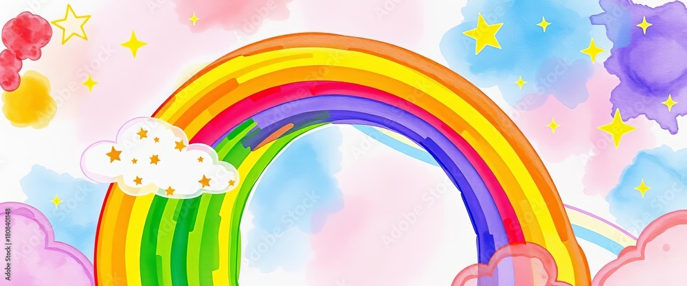 Obraz premium Vibrant watercolor rainbow swirls with playful clouds and stars on a pastel backdrop, artwork, sky
