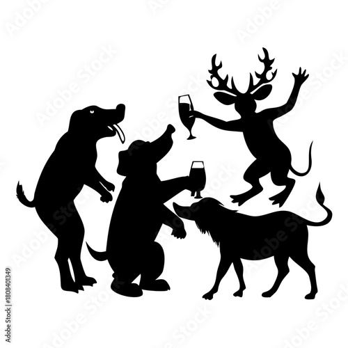silhouette of funny animal drinking a beer, beer ,deer, dog , elephant ,and monkey set bundle on the white background.
