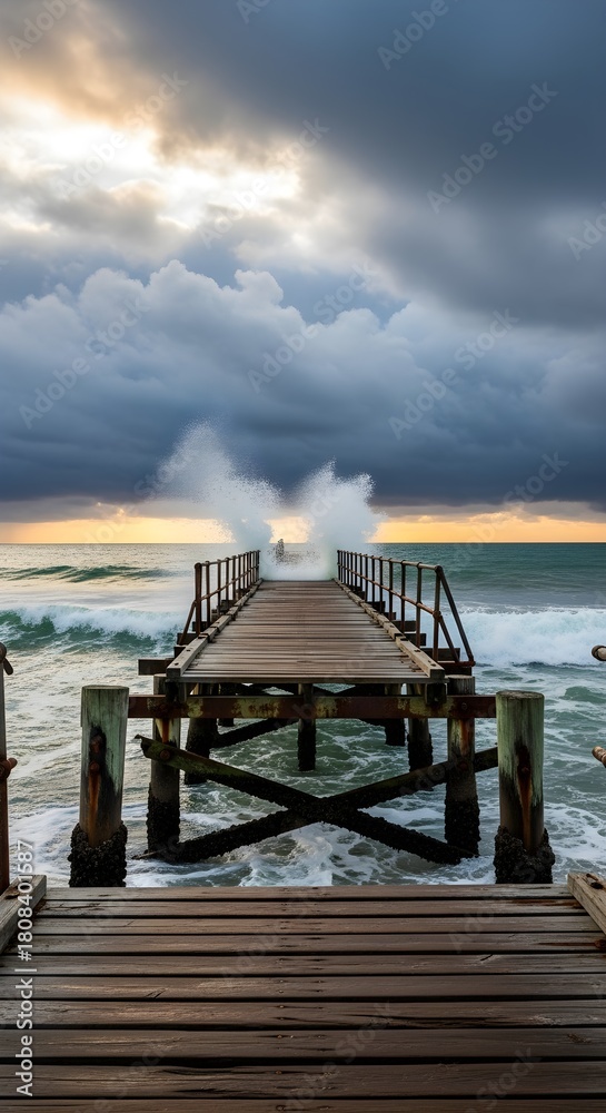 Fototapeta premium Stormy ocean waves crash onto a weathered wooden pier under dramatic cloudy skies at sunset