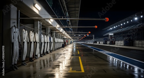 Row of white racing suits hanging at a wet pit lane on a dark race track at night