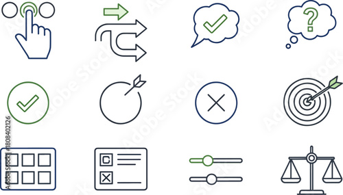 Set of icons with hand finger pressing on circles and checkmarks