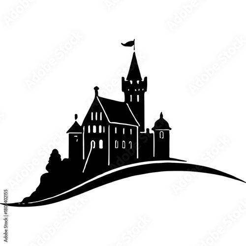 Royal residence on the top of a hill. Engraving minimalistic vector in black ink drawing on transparent background