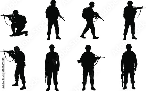 Military soldier silhouette vector set, army man holding gun, war combat infantry, tactical special forces, kneeling and standing figures, defense patrol illustration