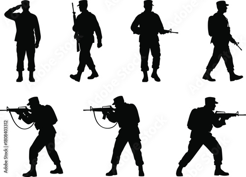 Military soldier silhouettes set, vector illustration collection of army men holding guns, saluting, walking and aiming rifles isolated on white background.