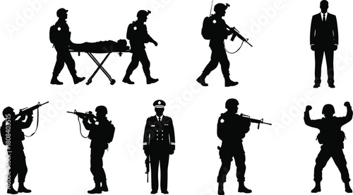 Military soldiers silhouettes set, vector illustration of army men with guns, medical rescue team and officer, war figures isolated on white background.