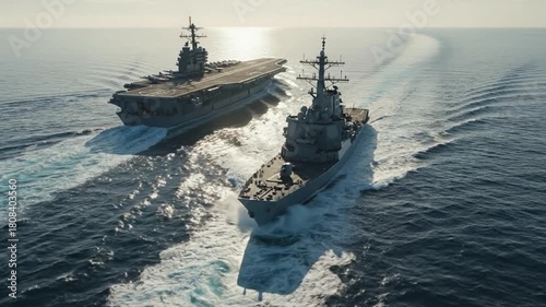 Majestic aerial view of a powerful aircraft carrier and destroyer cruising in formation on the open sea