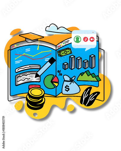 Business Financial Overview, Infographics, Office, Digital Illustration, Modern Workspace, Creative Perspective, Data Visualization