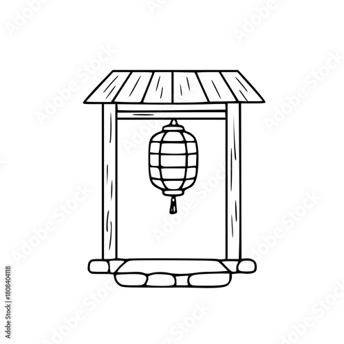 Japanese wooden gazebo with hanging lantern