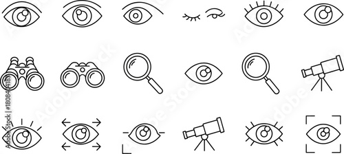 Set of various eye and vision related icons including binoculars and magnifying glass