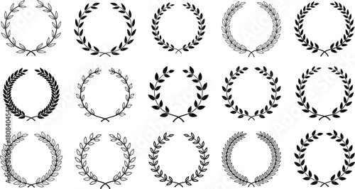Set of laurel wreaths vector illustration, collection of black silhouettes and outline frames, vintage award emblems, isolated on white background, decorative elements.