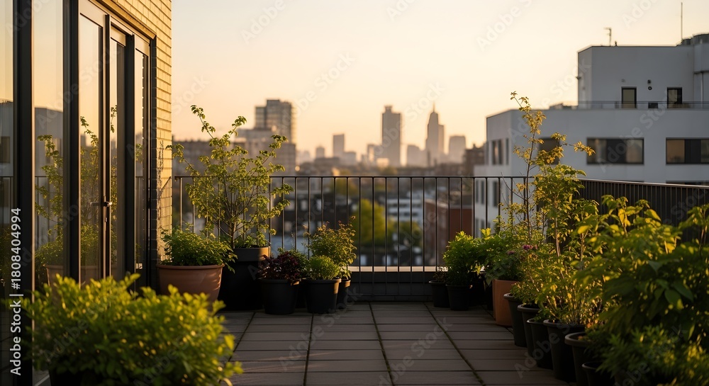 Obraz premium Potted plants on a balcony overlooking a hazy cityscape during golden hour