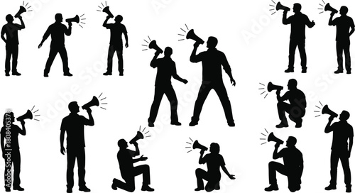 People holding megaphones silhouettes set, vector illustration of men shouting and announcing news, protest concept black figures isolated on white background.