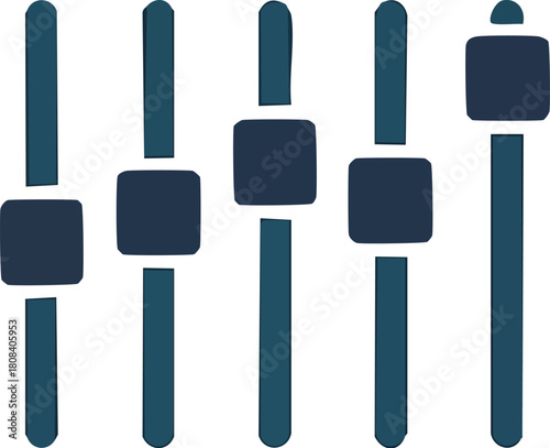 Graphical representation of five vertical sliders, commonly used for audio equalization, sound mixing, or general digital settings adjustment and control interface elements