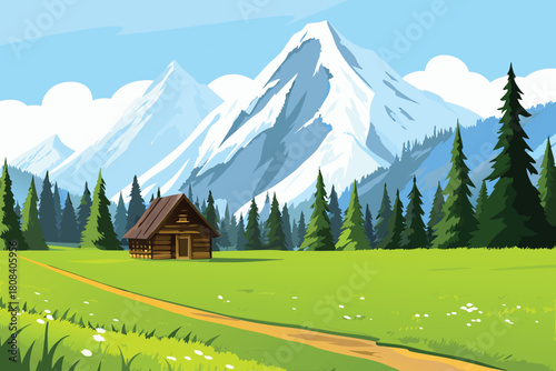 A charming wooden cabin sits nestled amidst towering snowy mountains and trees