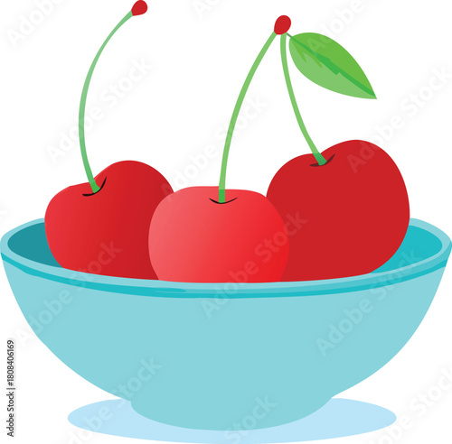 Three bright red cherries with green stems are presented in a blue