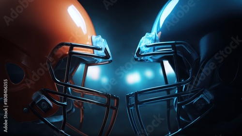 Intense Rivalry Between Two Colorful American Football Helmets Facing Each Other Under Dramatic Stadium Lights