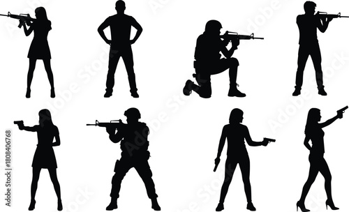 Military soldier and secret agent silhouette set, armed people holding guns, police officer shooting, tactical army combat, female spy with weapon, vector illustration