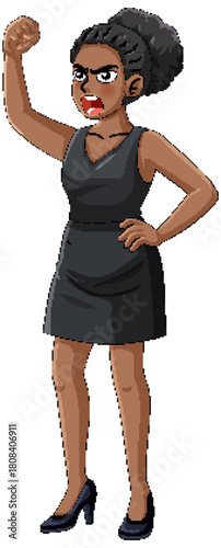 Angry Woman in Black Dress Raising Fist