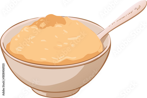 A cartoon illustration depicts a bowl of creamy orange baby food with