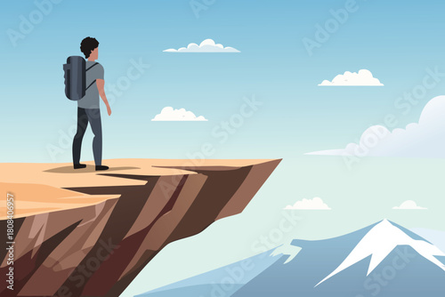 Traveler standing on cliff vector background