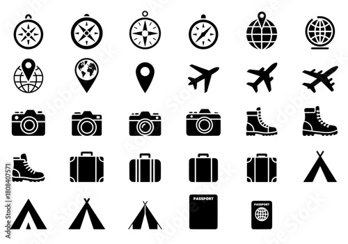 Travel and Adventure Icon Set, Global Navigation, Camera, Airplane, Passport and Camping Vector Symbols