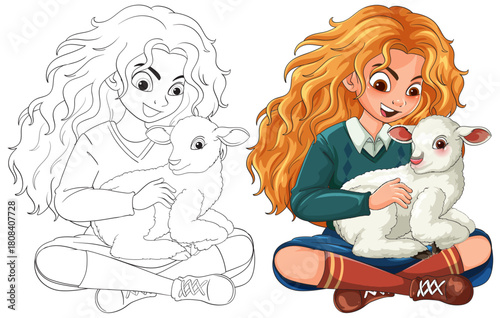 Red-Haired Girl Sitting With Lamb in Cartoon Style