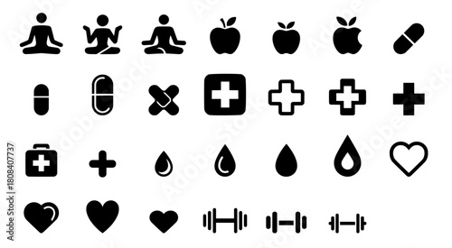 Health and Wellness Icon Set, Fitness, Medicine, Diet, Heart and Yoga. Black Vector Illustration Symbols Collection. 