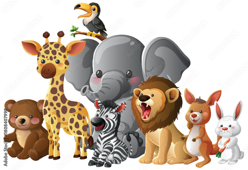 Naklejka premium Group of Cartoon Jungle and Forest Animals Standing Together