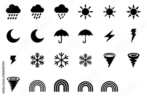 Weather and Forecast Icon Set of Sun, Rain, Snow, Tornado, Umbrella and Climate Vector Symbols. flat silhouette illustration