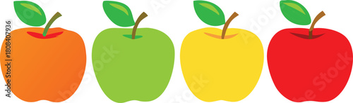 Four colorful apples in a row showcasing red green yellow and orange