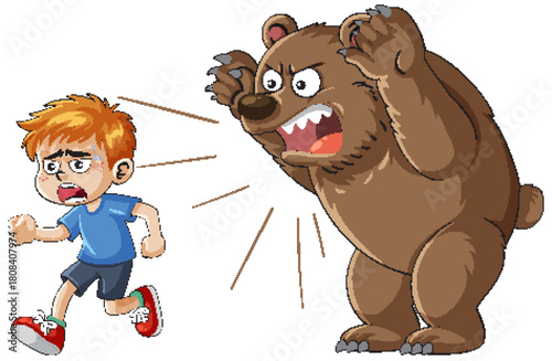 Boy Running from Angry Bear in Cartoon Style