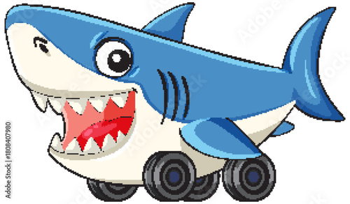 Cartoon Shark with Wheels Rolling Forward