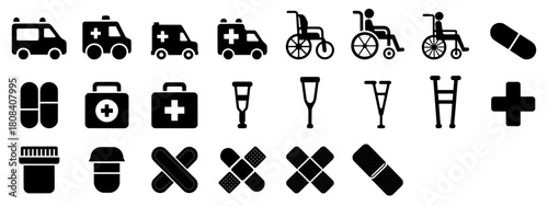 Medical Emergency and Healthcare Icons Set, Ambulance, Wheelchair, Crutch, Pill and Bandage Symbols. Vector illustration