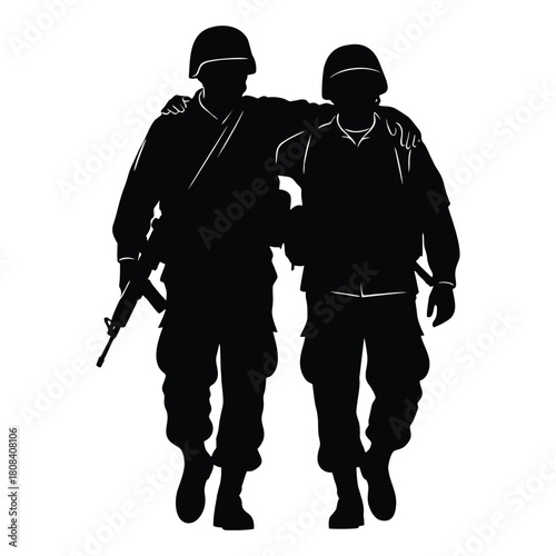 Soldier helping injured comrade walks forward with rifle in silhouette, military support