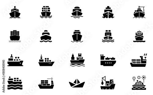 Ship and Boat Icon Set,  Water Transport Symbols, Travel and Marine Vessels Vector Collection