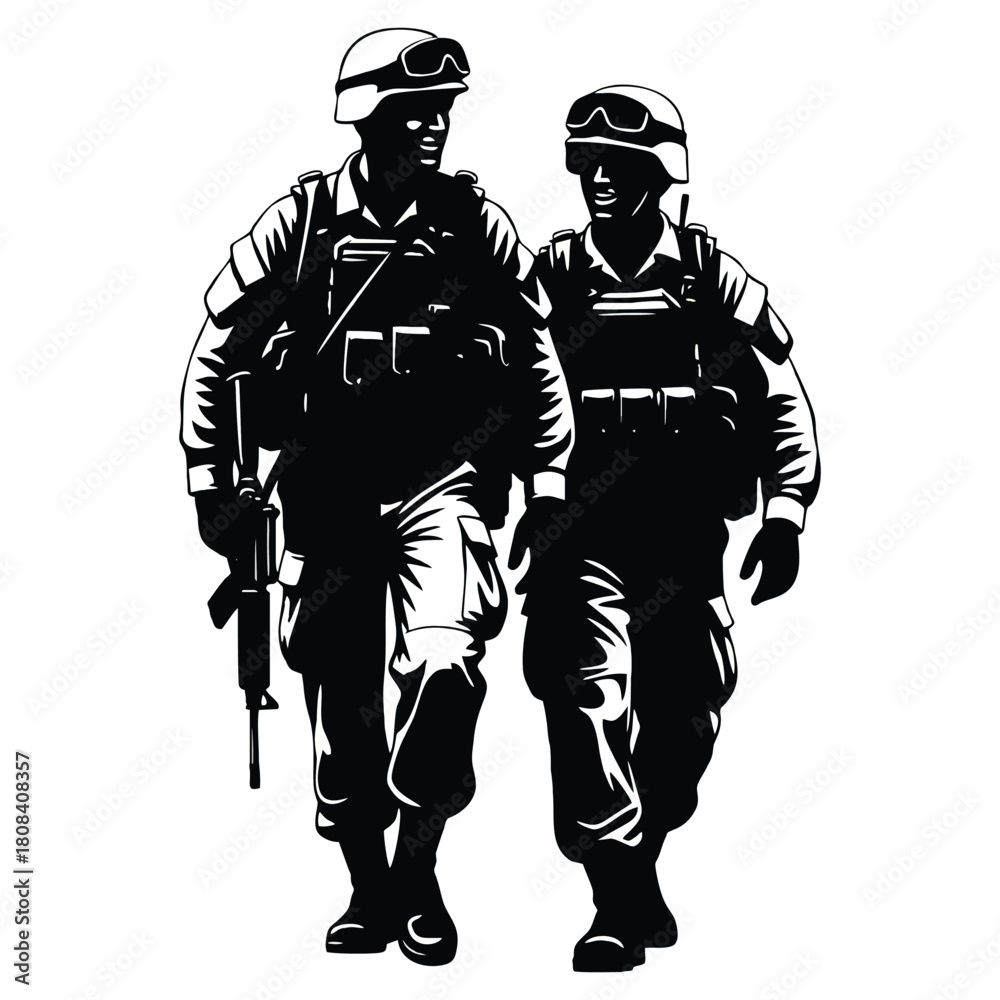 Naklejka premium Two soldiers in combat gear walking together, a powerful symbol of teamwork and strength