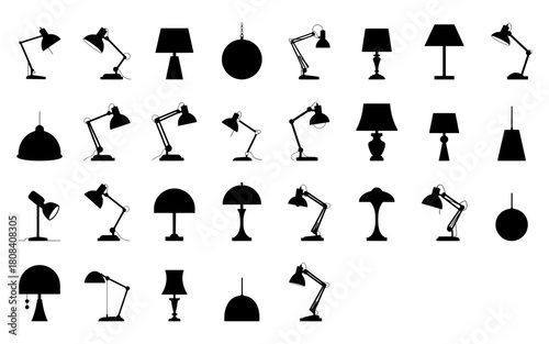 Desktop Lamp and Lighting Vector Set. Modern Silhouette Collection of Home Office Equipment and Fixtures