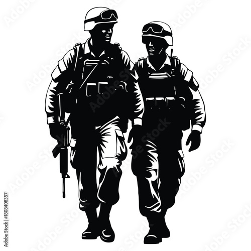Two soldiers in combat gear walking together, a powerful symbol of teamwork and strength
