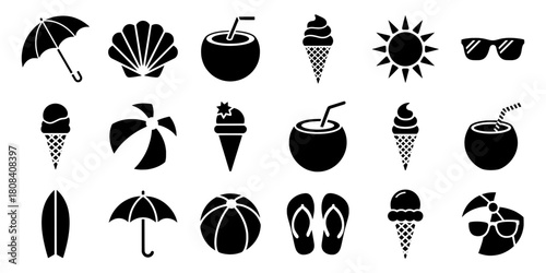 Summer Beach and Vacation Icon Set, Umbrella, Seashell, Ice Cream, Coconut Drink and Flip Flops. Vector illustration