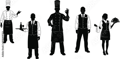Restaurant staff silhouettes set, vector illustration of chef cooking, waiter serving food, and waitress holding tray, professional hospitality team isolated on white background.