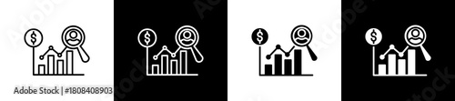 Analytic icon set in line and glyph style on black and white background
