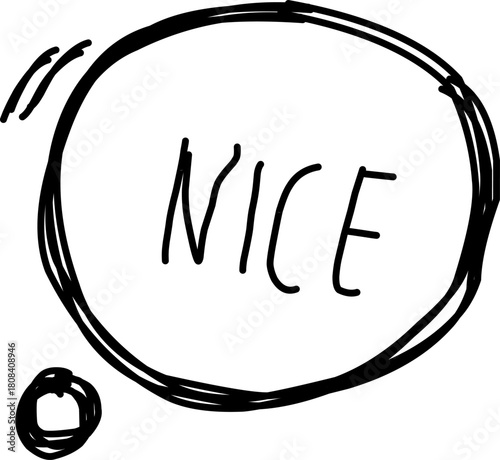 Hand-drawn speech bubble with the word “NICE” in playful lettering. Simple black and white doodle illustration for comics, stickers, messages, and creative designs.
