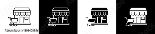 Market icon set in line and glyph style on black and white background